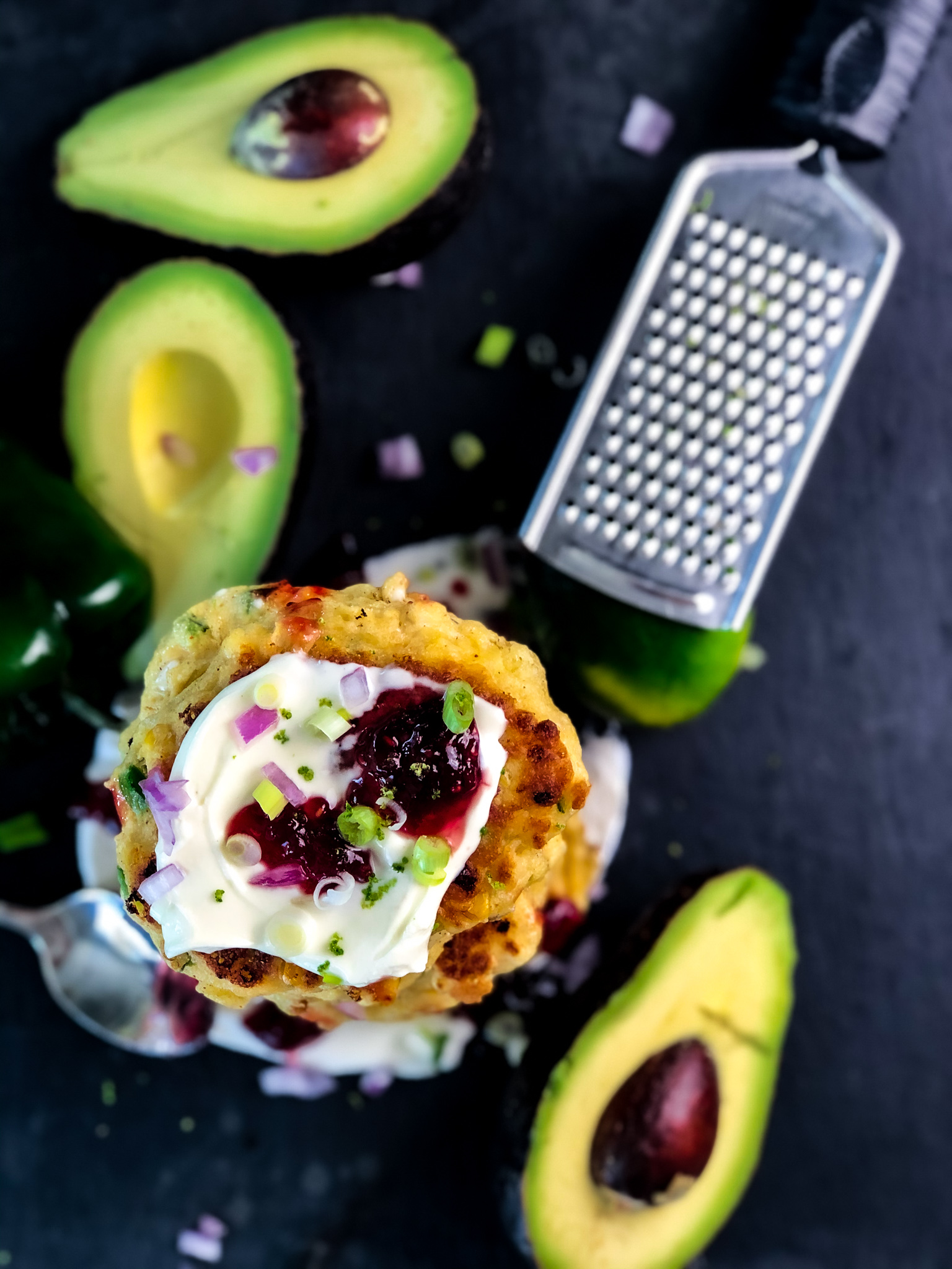 Corn and Poblano Fritters with Raspberry Creme Fraiche - Open Plate ...